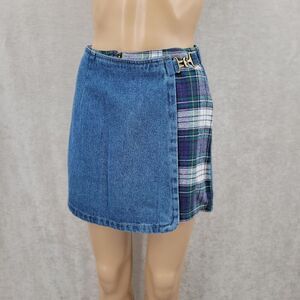 Not Guilty Vintage 90s Denim and Green Plaid Mini Skort Shorts + Skirt Grunge